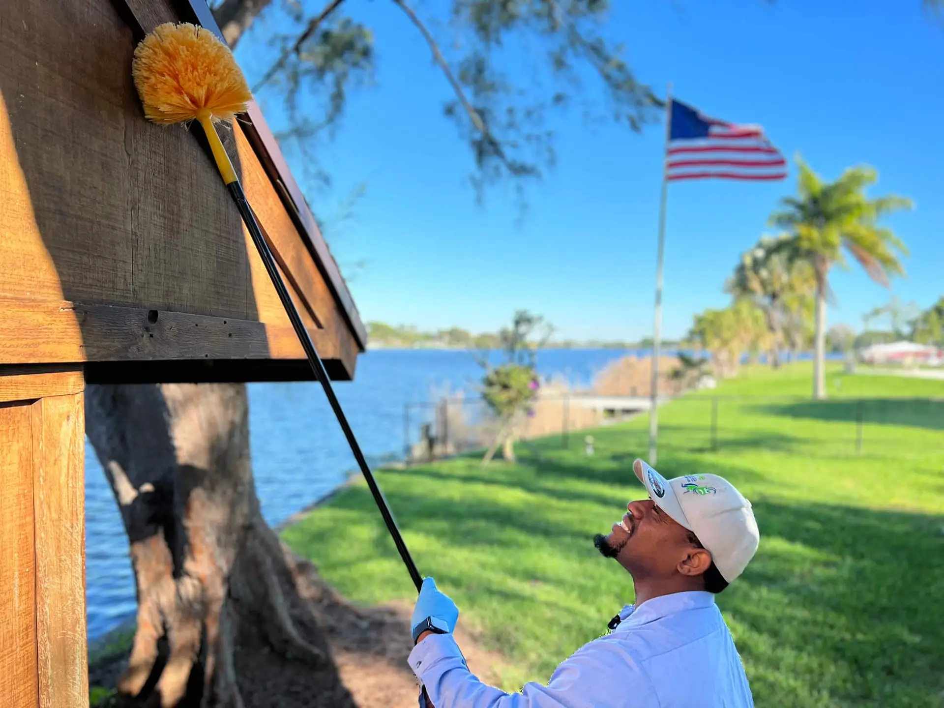 Doug webbing down for spiders and cobwebs