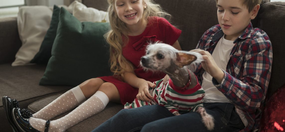 Happy children sitting on a sofa with their dog in a clean, pest-free home after professional pet-safe pest control treatment in Lantana.